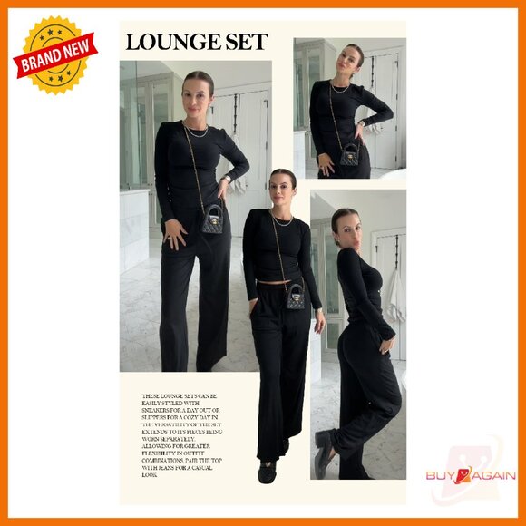 Women's 2 Piece Lounge Set Long Sleeve Top Wide Leg Pants Matching Outfit - Picture 7 of 8